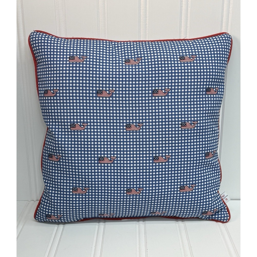 Vineyard Vines American Flag Pillow 18x18 Whale Red White Blue Gingham 4th July